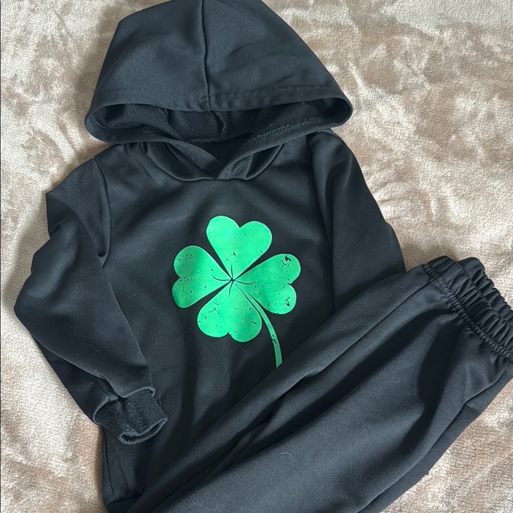 Black Hoodie and Pants Set with Green Clover